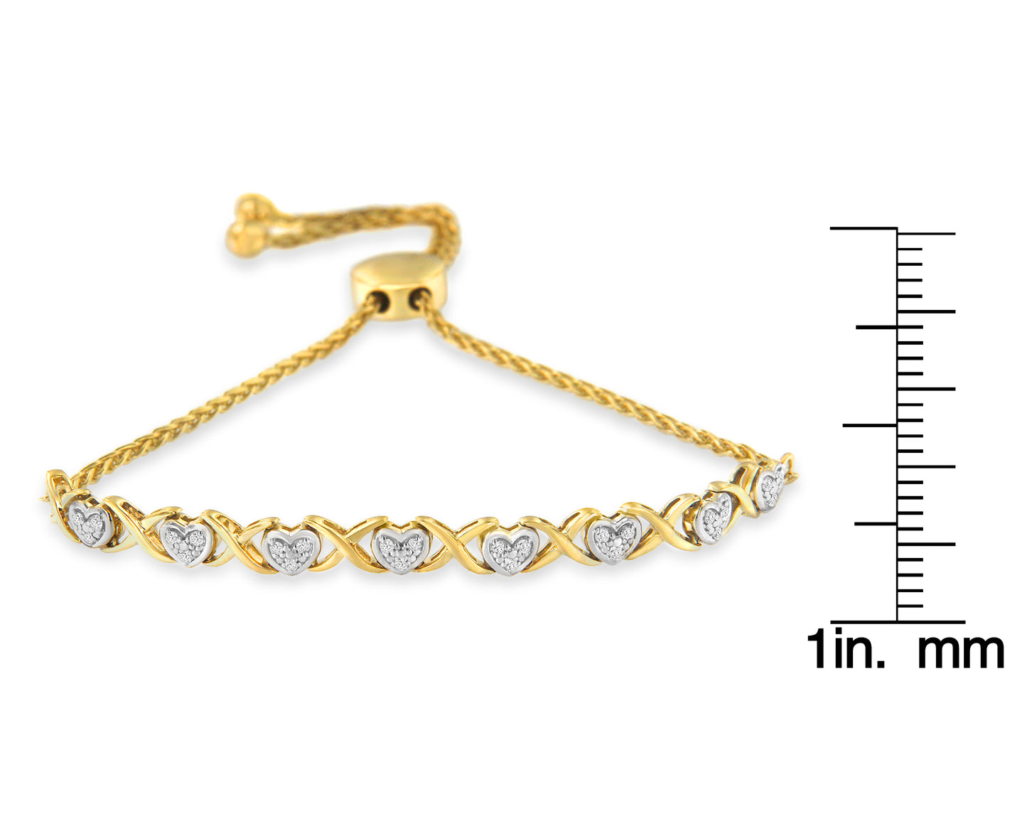 Haus of Brilliance 10K Yellow Gold over .925 Sterling Silver 1/10 Cttw Diamond Heart and X-Link 6”-9” Adjustable Bolo Bracelet (H-I Color, I2-I3 Clarity)