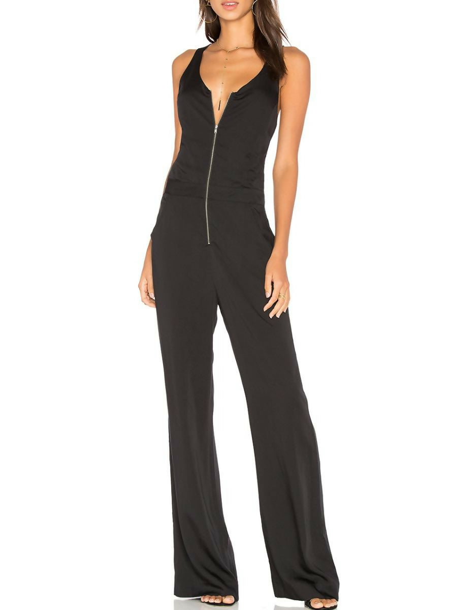 Bobi Black Sleeveless Cross-Back Zip-Front Jumpsuit - Black - XS