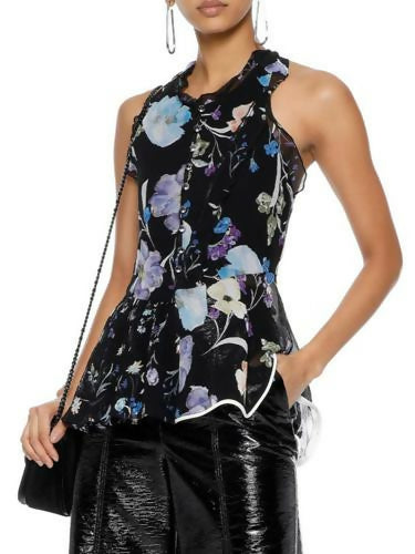 3.1 Phillip Lim Cutout Floral Print Silk Georgette Peplum Blouse Tank Halter Back - Black Multi - 8