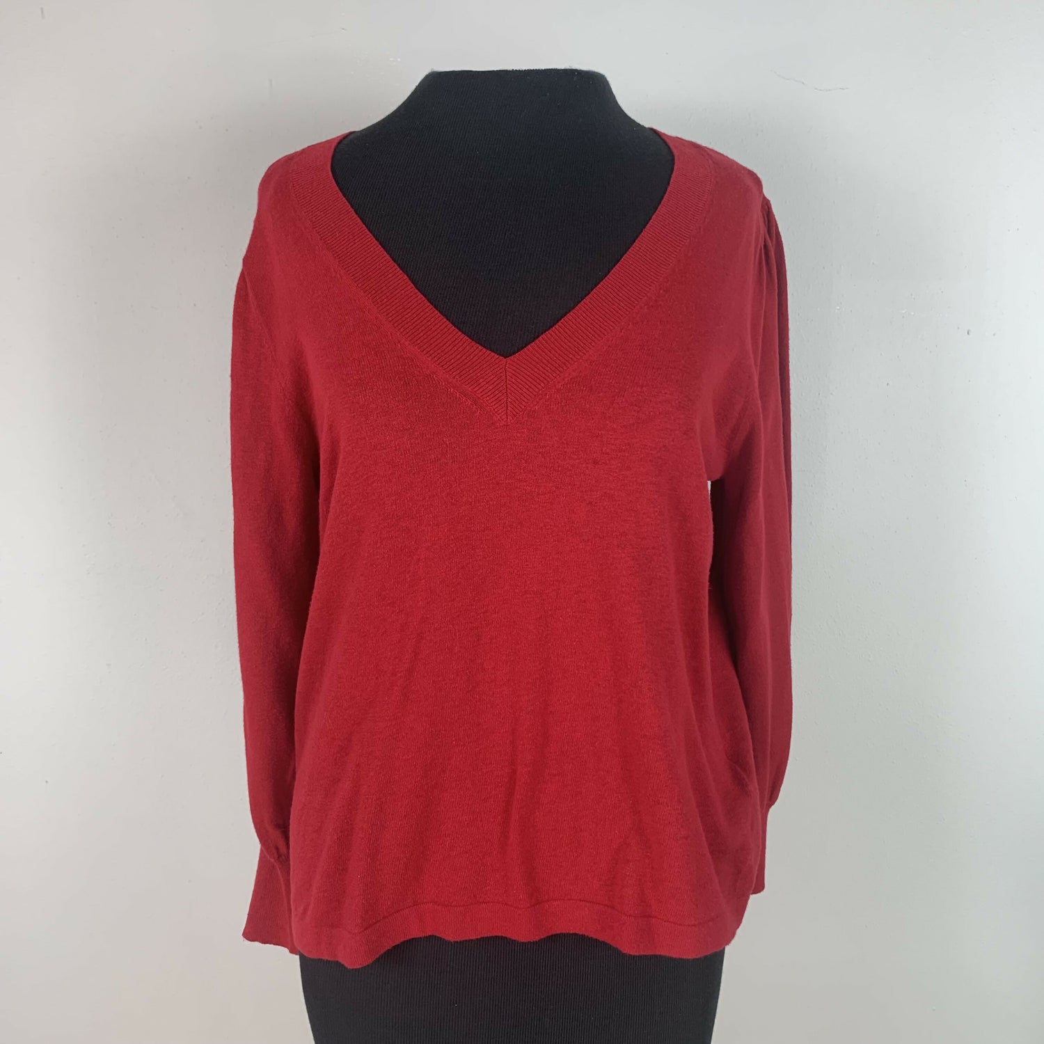 Lilla P 3/4 Puff Sleeve V-Neck Sweater - Red - M