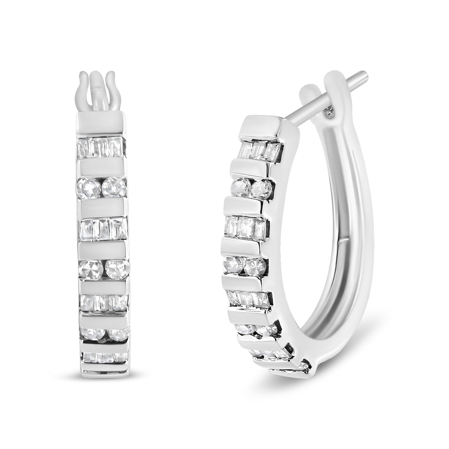 Haus of Brilliance 10K White Gold 1.0 Cttw Round and Baguette-Cut Diamond Hoop Earrings (I-J Color, I2-I3 Clarity)