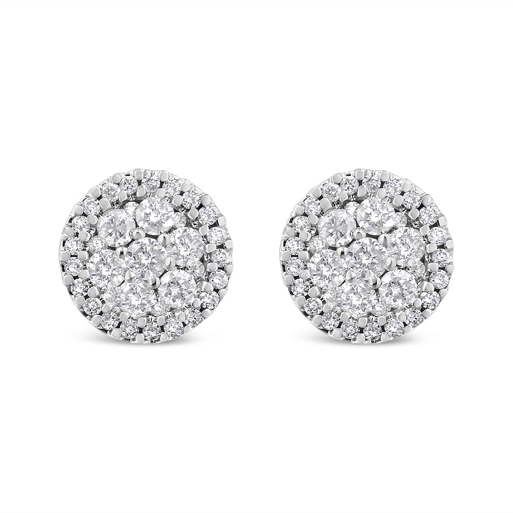 Haus of Brilliance 14K White Gold 1.0 Cttw Brilliant-Cut Diamond Halo-Style Cluster Round Button Stud Earrings (H-I Color, I1-I2 Clarity)