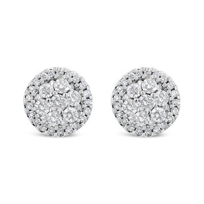 Haus of Brilliance 14K White Gold 1.0 Cttw Brilliant-Cut Diamond Halo-Style Cluster Round Button Stud Earrings (H-I Color, I1-I2 Clarity)