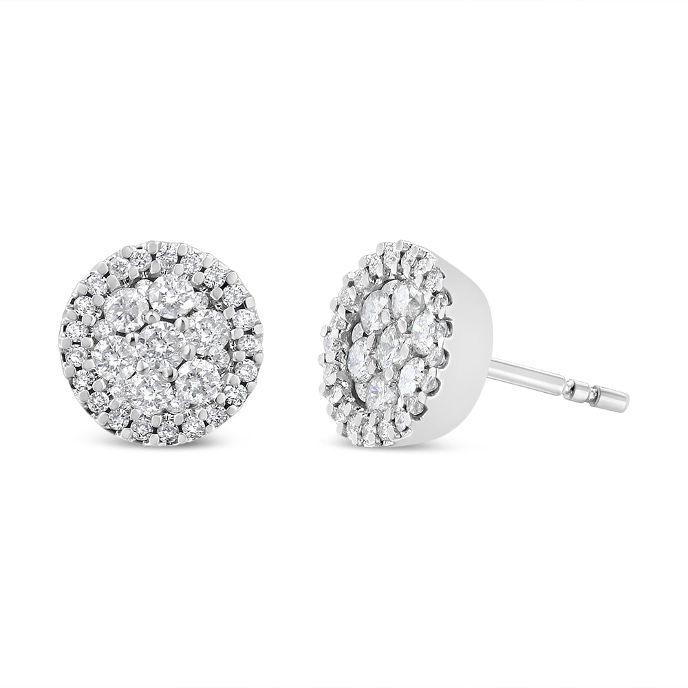 Haus of Brilliance 14K White Gold 1.0 Cttw Brilliant-Cut Diamond Halo-Style Cluster Round Button Stud Earrings (H-I Color, I1-I2 Clarity)