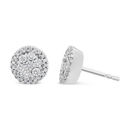 Haus of Brilliance 14K White Gold 1.0 Cttw Brilliant-Cut Diamond Halo-Style Cluster Round Button Stud Earrings (H-I Color, I1-I2 Clarity)