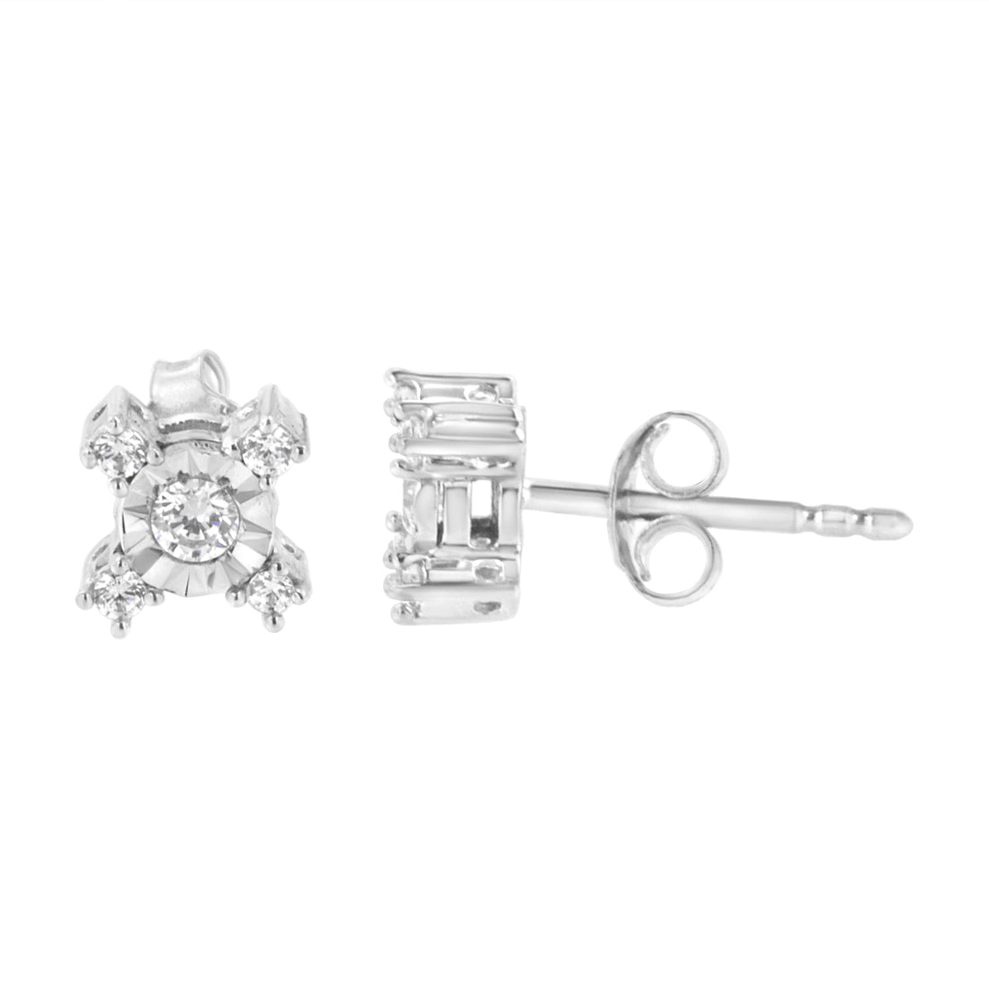 Haus of Brilliance .925 Sterling Silver 1/4 Cttw Miracle Plate Set Round and Princess-Cut Diamond &quot;X&quot; Shaped Stud Earrings (I-J Color, I2-I3 Clarity)