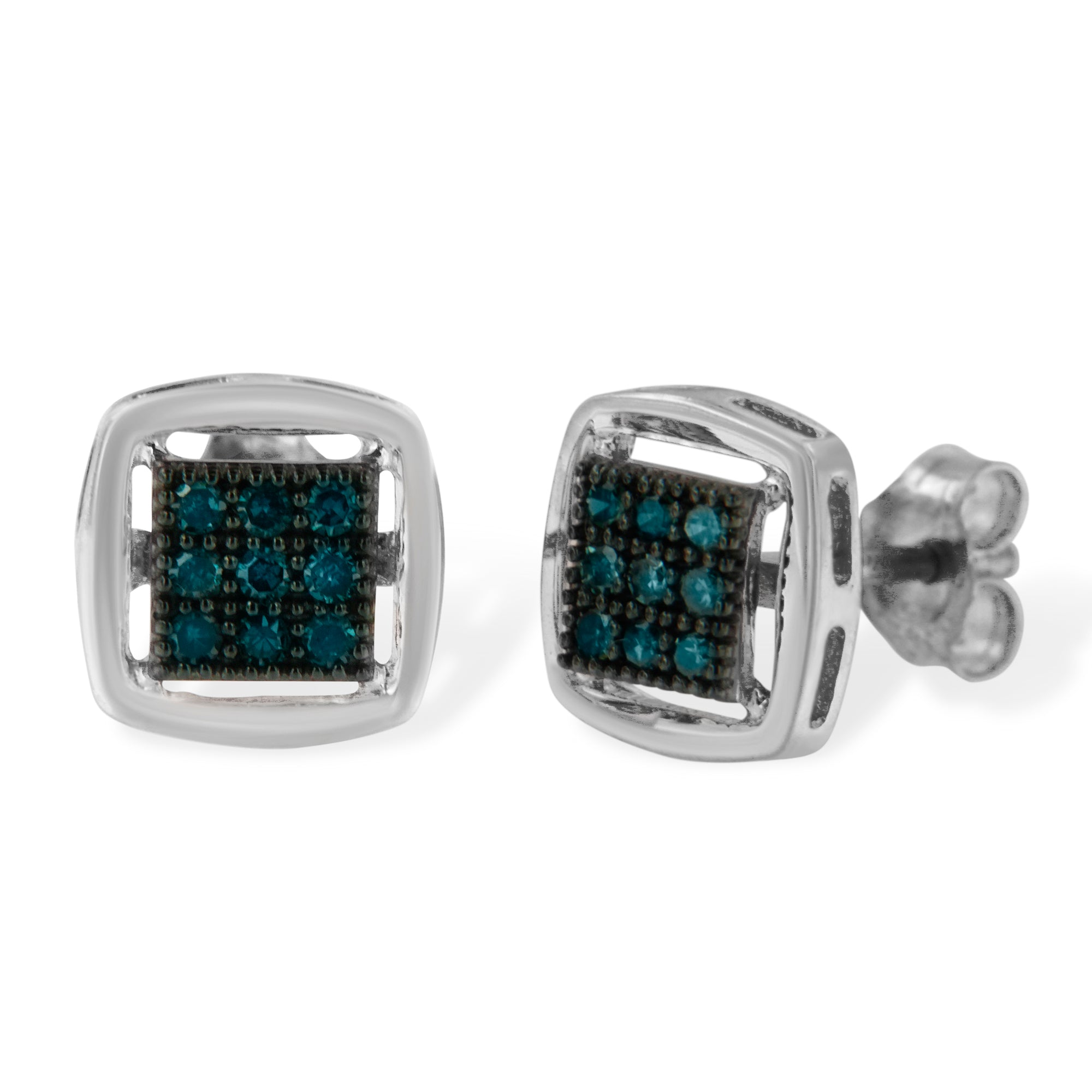 Haus of Brilliance Sterling Silver Rose Cut Treated Blue Diamond Square Stud Earring (0.25 cttw, Blue Color, I2-I3 Clarity)