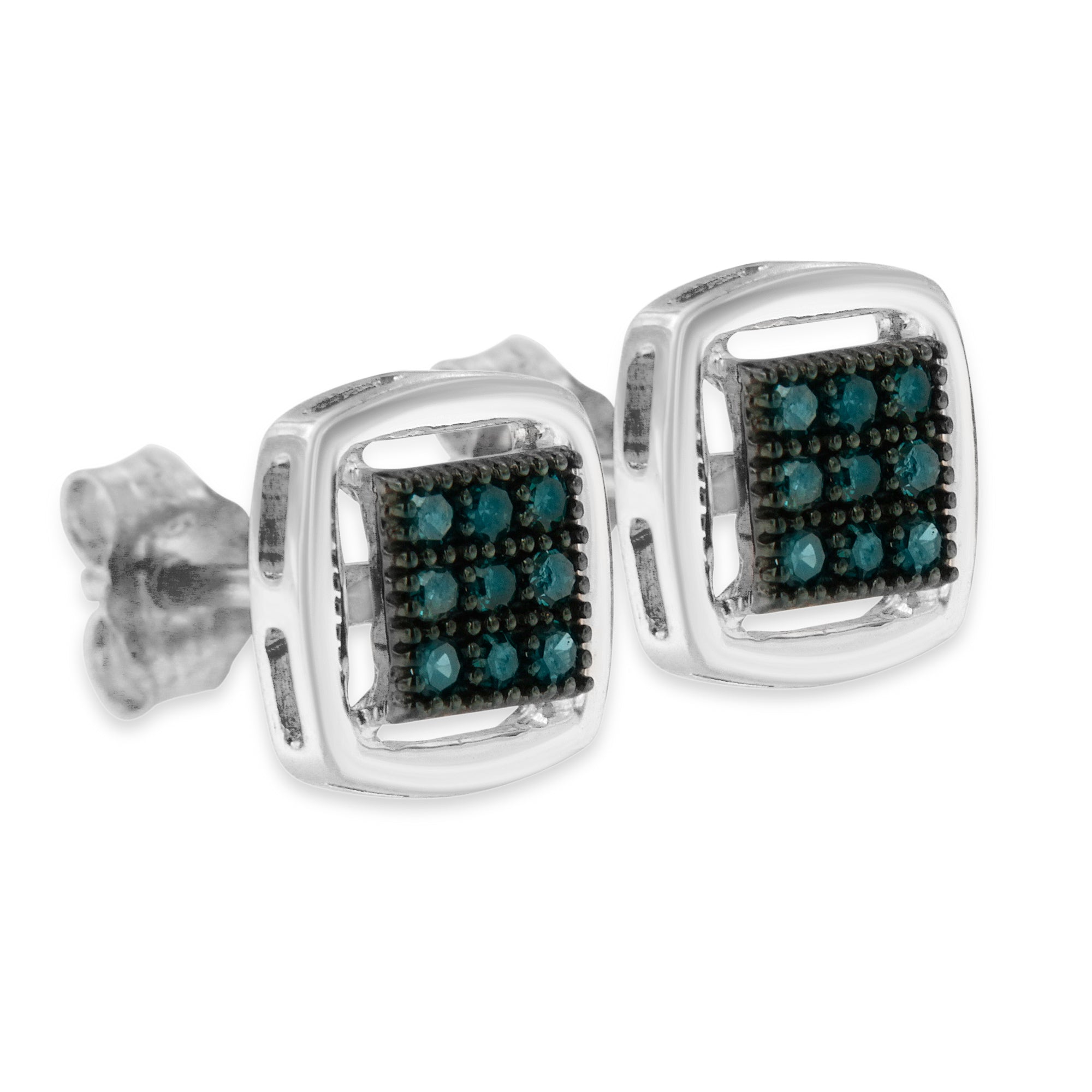 Haus of Brilliance Sterling Silver Rose Cut Treated Blue Diamond Square Stud Earring (0.25 cttw, Blue Color, I2-I3 Clarity)