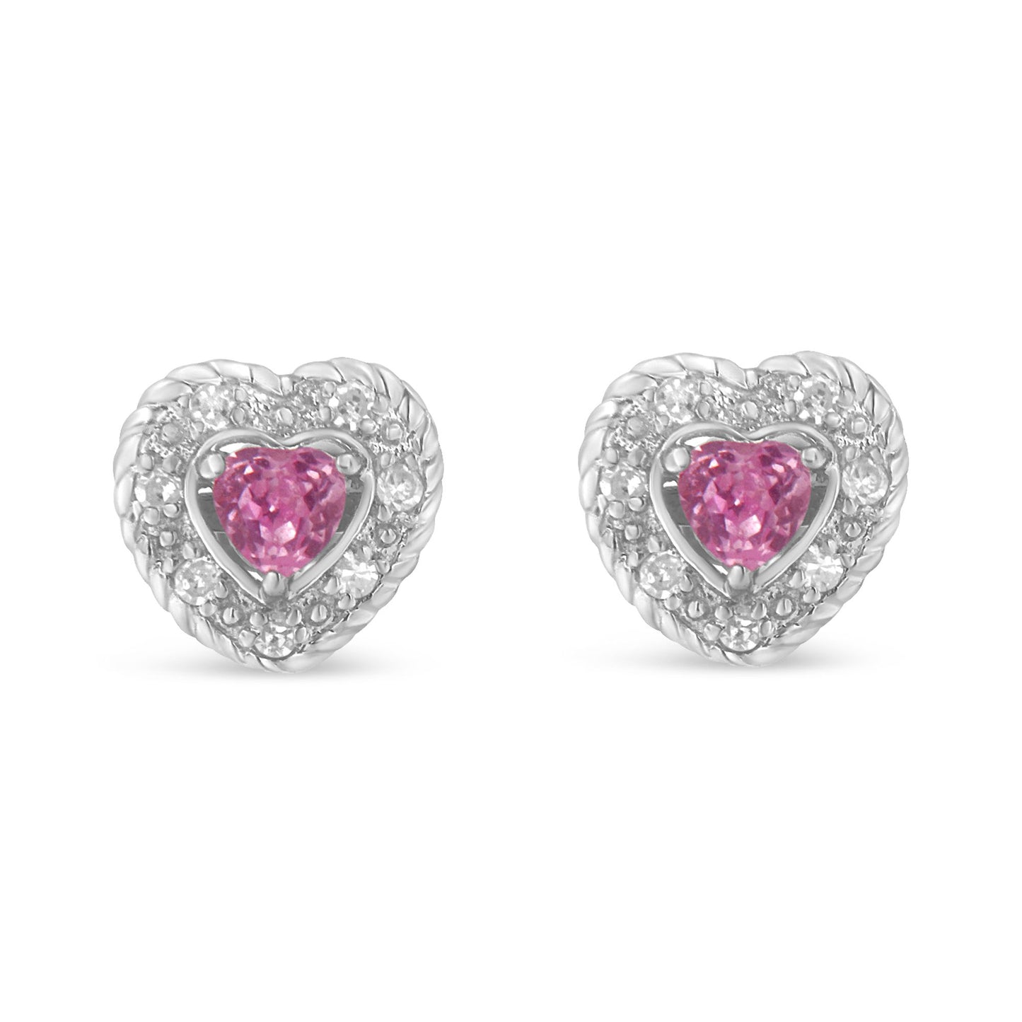 Haus of Brilliance .925 Sterling Silver, Created Pink Sapphire, & Diamond-Accented 5/8" Heart-Shaped Rope Stud Earrings (I-J Color, I2-I3 Clarity)