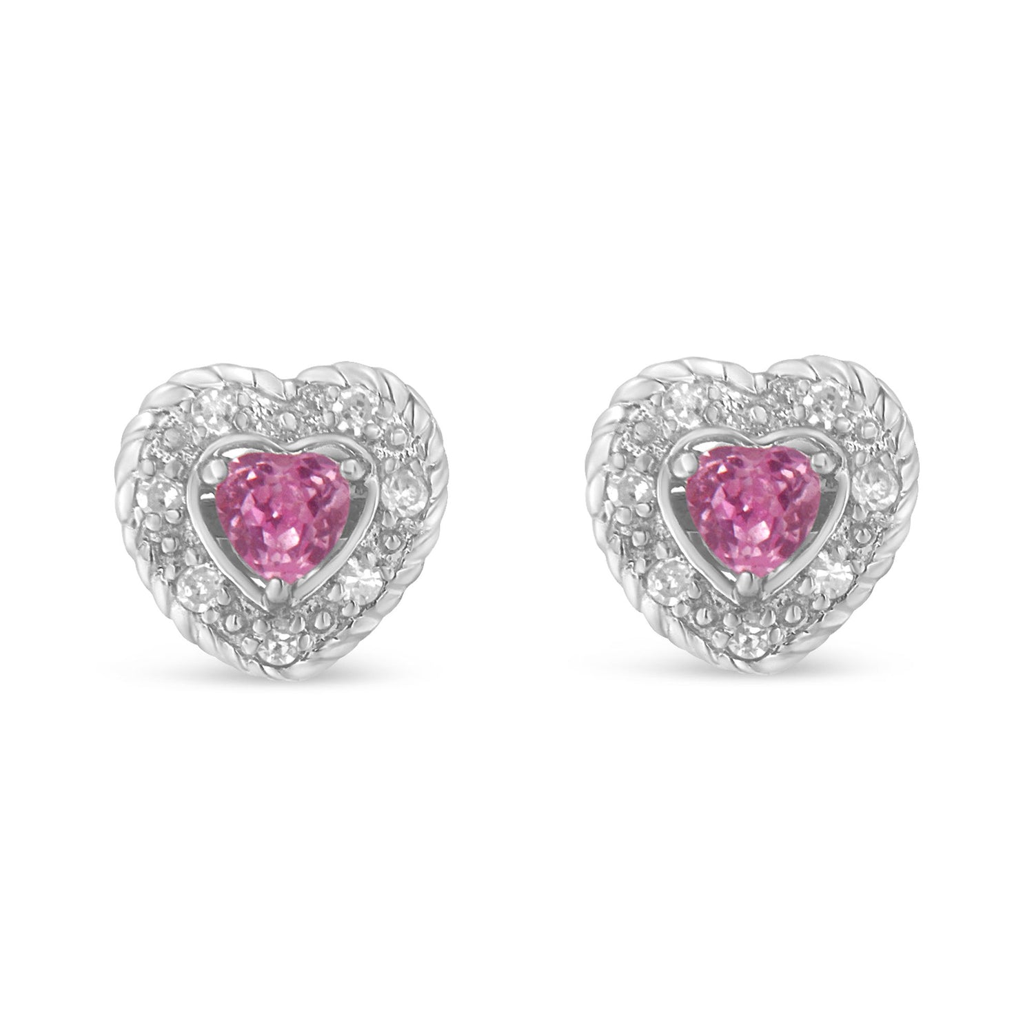 Haus of Brilliance .925 Sterling Silver, Created Pink Sapphire, &amp; Diamond-Accented 5/8&quot; Heart-Shaped Rope Stud Earrings (I-J Color, I2-I3 Clarity)