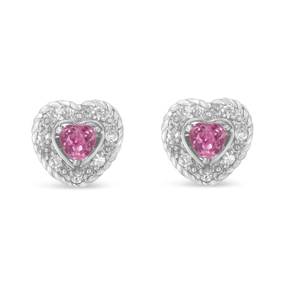 Haus of Brilliance .925 Sterling Silver, Created Pink Sapphire, &amp; Diamond-Accented 5/8&quot; Heart-Shaped Rope Stud Earrings (I-J Color, I2-I3 Clarity)