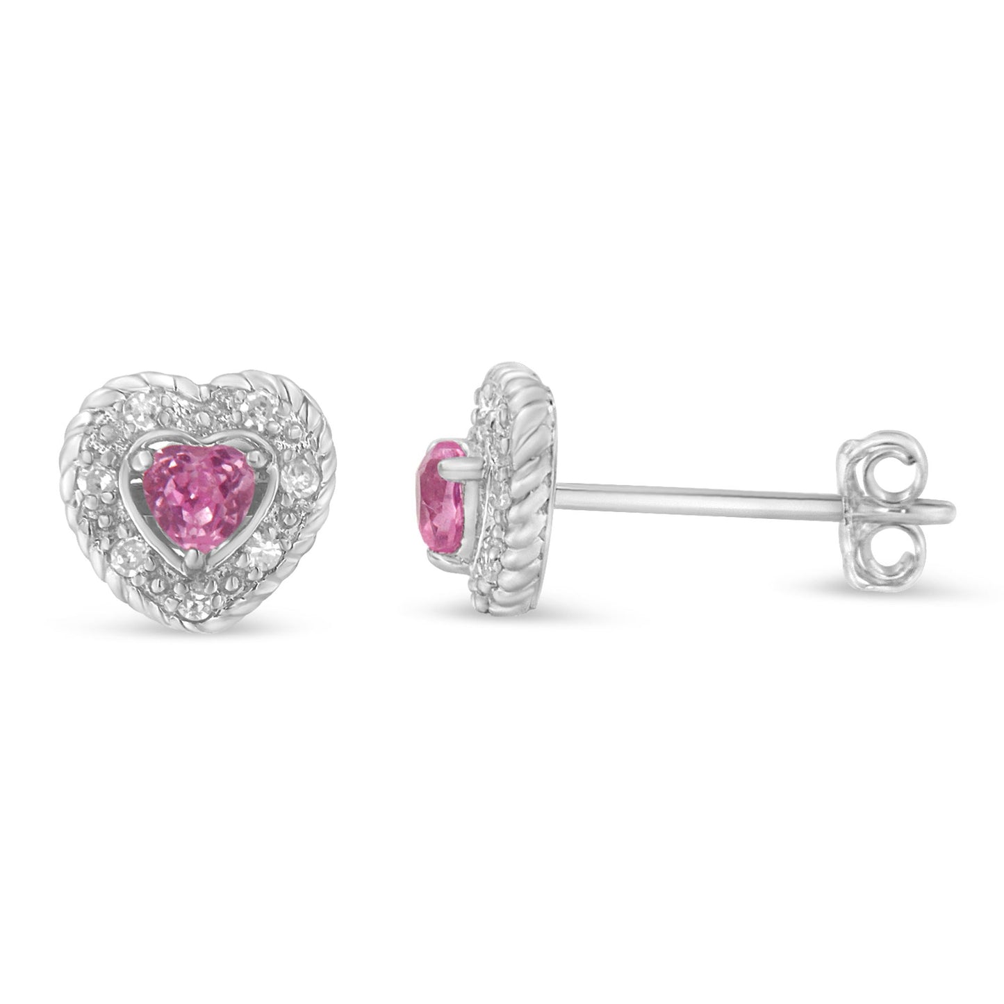 Haus of Brilliance .925 Sterling Silver, Created Pink Sapphire, & Diamond-Accented 5/8" Heart-Shaped Rope Stud Earrings (I-J Color, I2-I3 Clarity)