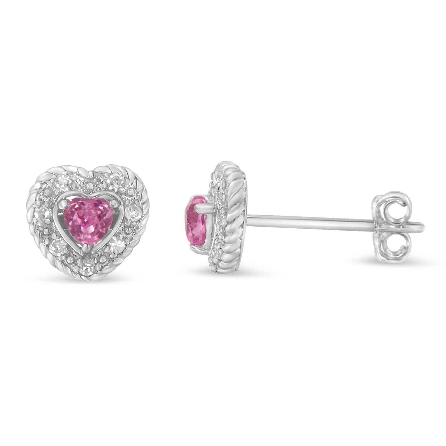 Haus of Brilliance .925 Sterling Silver, Created Pink Sapphire, &amp; Diamond-Accented 5/8&quot; Heart-Shaped Rope Stud Earrings (I-J Color, I2-I3 Clarity)