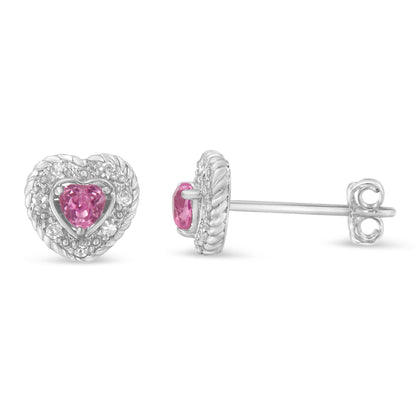 Haus of Brilliance .925 Sterling Silver, Created Pink Sapphire, &amp; Diamond-Accented 5/8&quot; Heart-Shaped Rope Stud Earrings (I-J Color, I2-I3 Clarity)