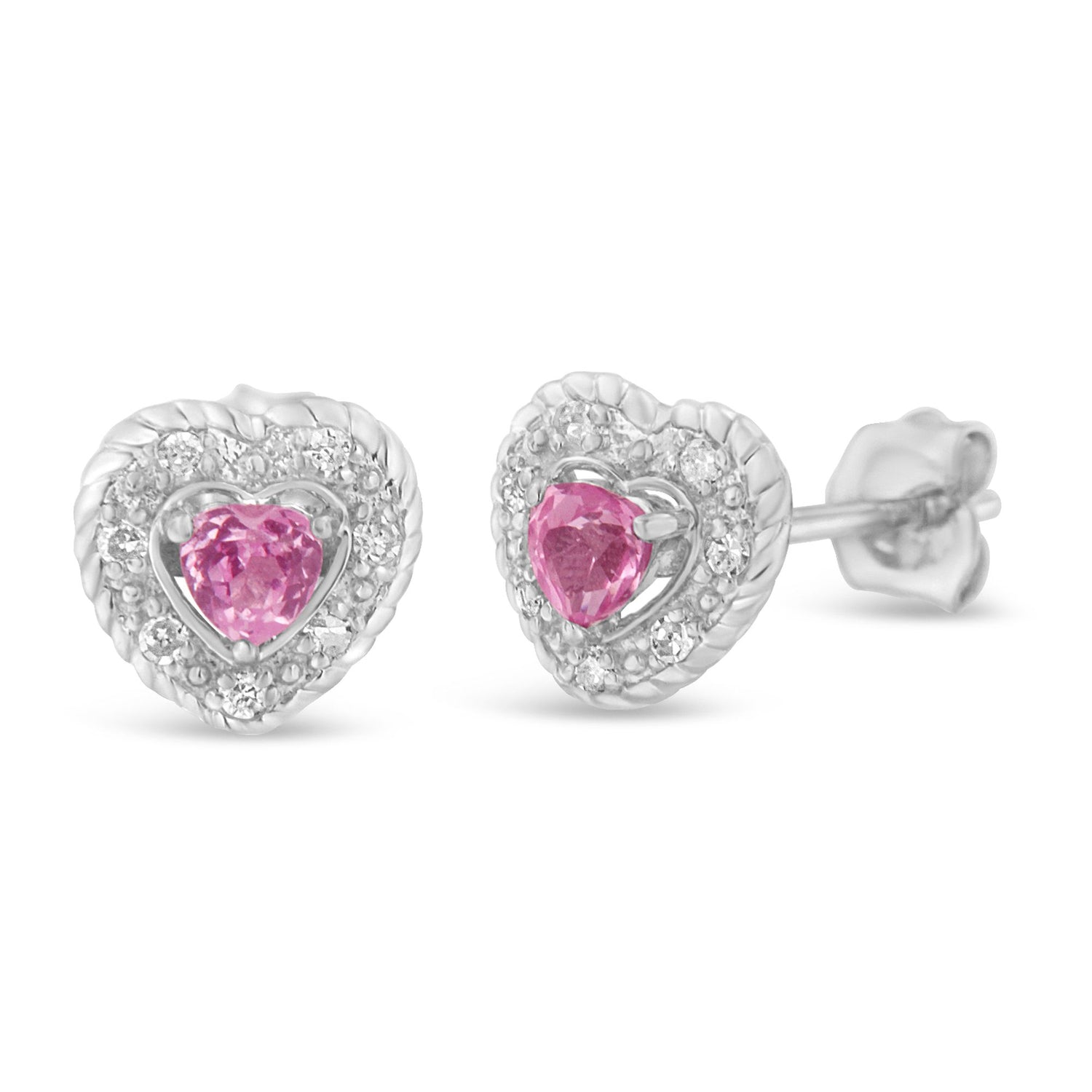Haus of Brilliance .925 Sterling Silver, Created Pink Sapphire, &amp; Diamond-Accented 5/8&quot; Heart-Shaped Rope Stud Earrings (I-J Color, I2-I3 Clarity)
