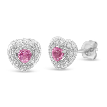 Haus of Brilliance .925 Sterling Silver, Created Pink Sapphire, &amp; Diamond-Accented 5/8&quot; Heart-Shaped Rope Stud Earrings (I-J Color, I2-I3 Clarity)