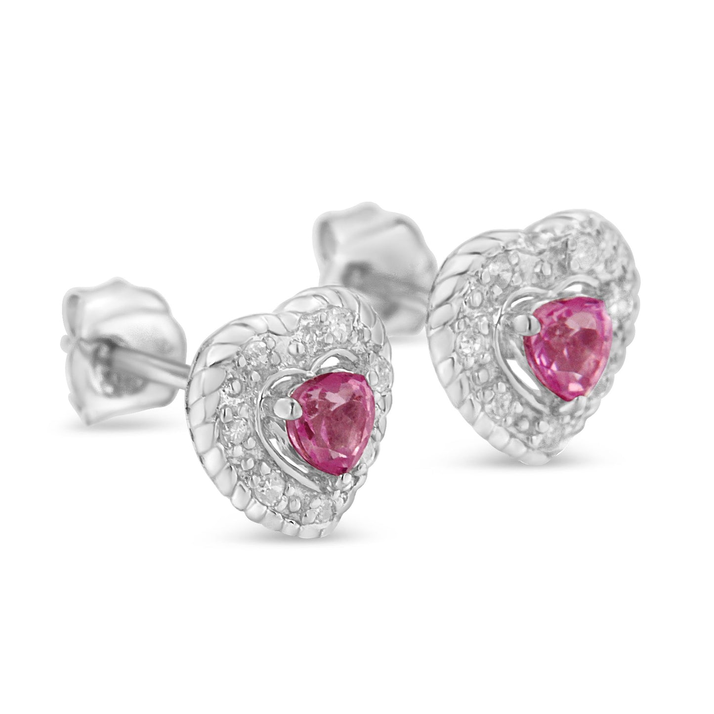 Haus of Brilliance .925 Sterling Silver, Created Pink Sapphire, & Diamond-Accented 5/8" Heart-Shaped Rope Stud Earrings (I-J Color, I2-I3 Clarity)