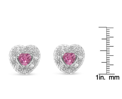 Haus of Brilliance .925 Sterling Silver, Created Pink Sapphire, &amp; Diamond-Accented 5/8&quot; Heart-Shaped Rope Stud Earrings (I-J Color, I2-I3 Clarity)