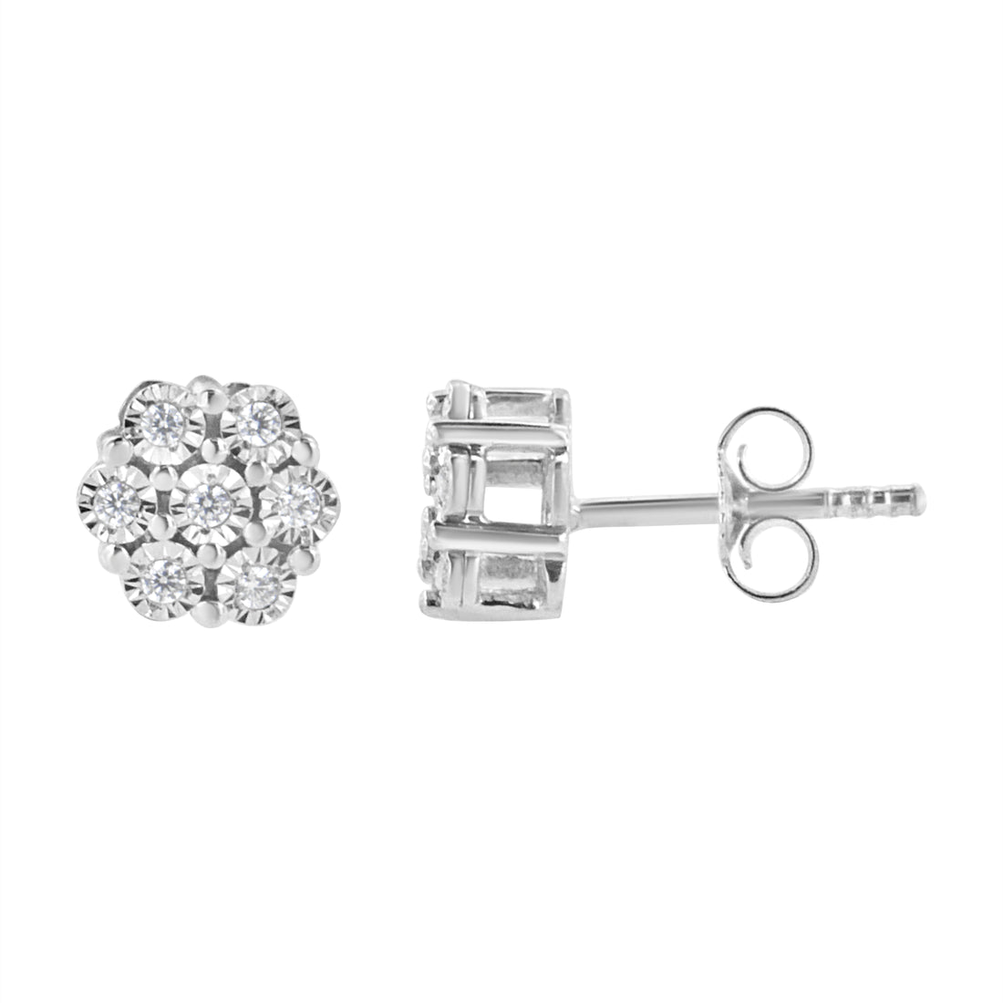 Haus of Brilliance .925 Sterling Silver 1/10 Cttw Round-Cut Diamond Miracle-Set Floral Cluster Button Stud Earrings (I-J Color, I2-I3 Clarity)