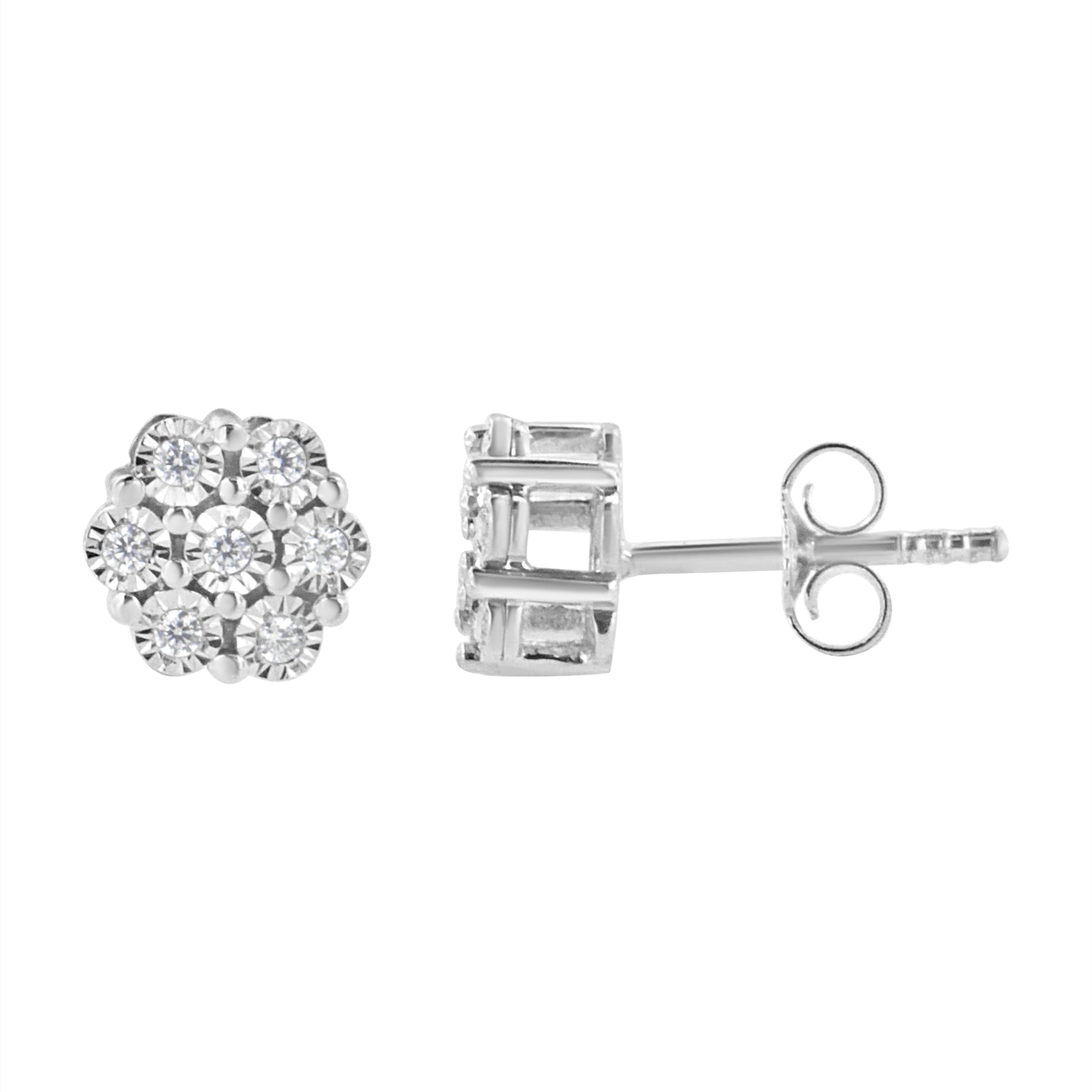Haus of Brilliance .925 Sterling Silver 1/10 Cttw Round-Cut Diamond Miracle-Set Floral Cluster Button Stud Earrings (I-J Color, I2-I3 Clarity)