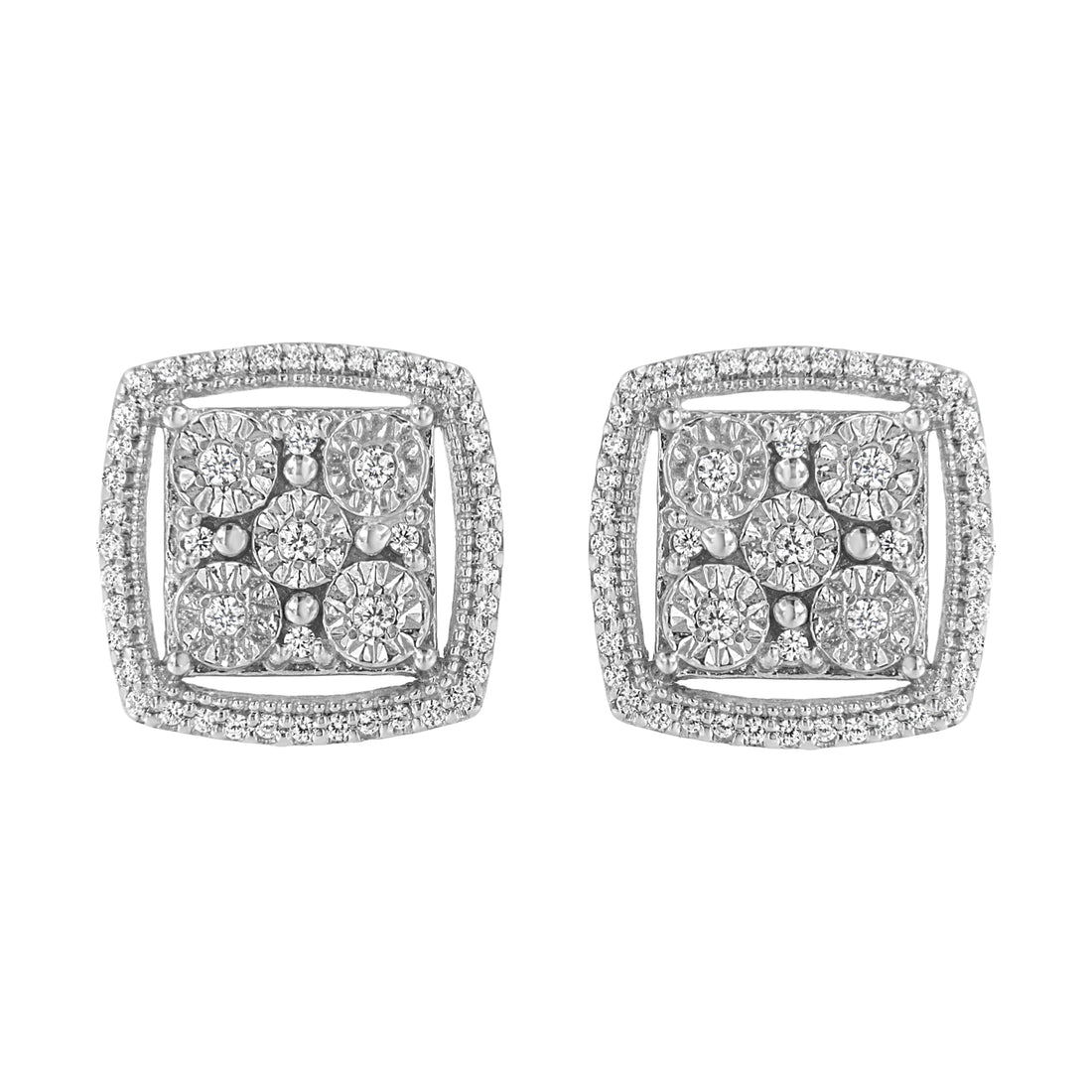 Haus of Brilliance .925 Sterling Silver 3/8 Cttw Miracle Set Round Diamond Double Halo Cluster Earrings (I-J Color, I2-I3 Clarity)
