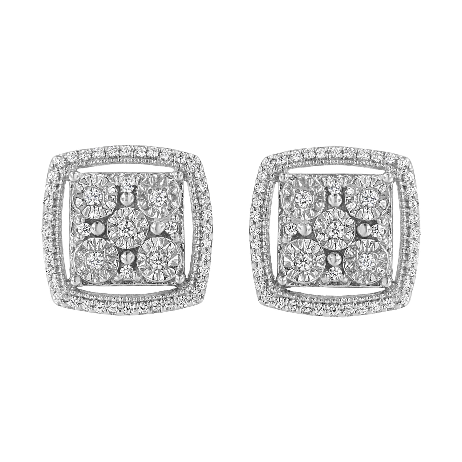 Haus of Brilliance .925 Sterling Silver 3/8 Cttw Miracle Set Round Diamond Double Halo Cluster Earrings (I-J Color, I2-I3 Clarity)