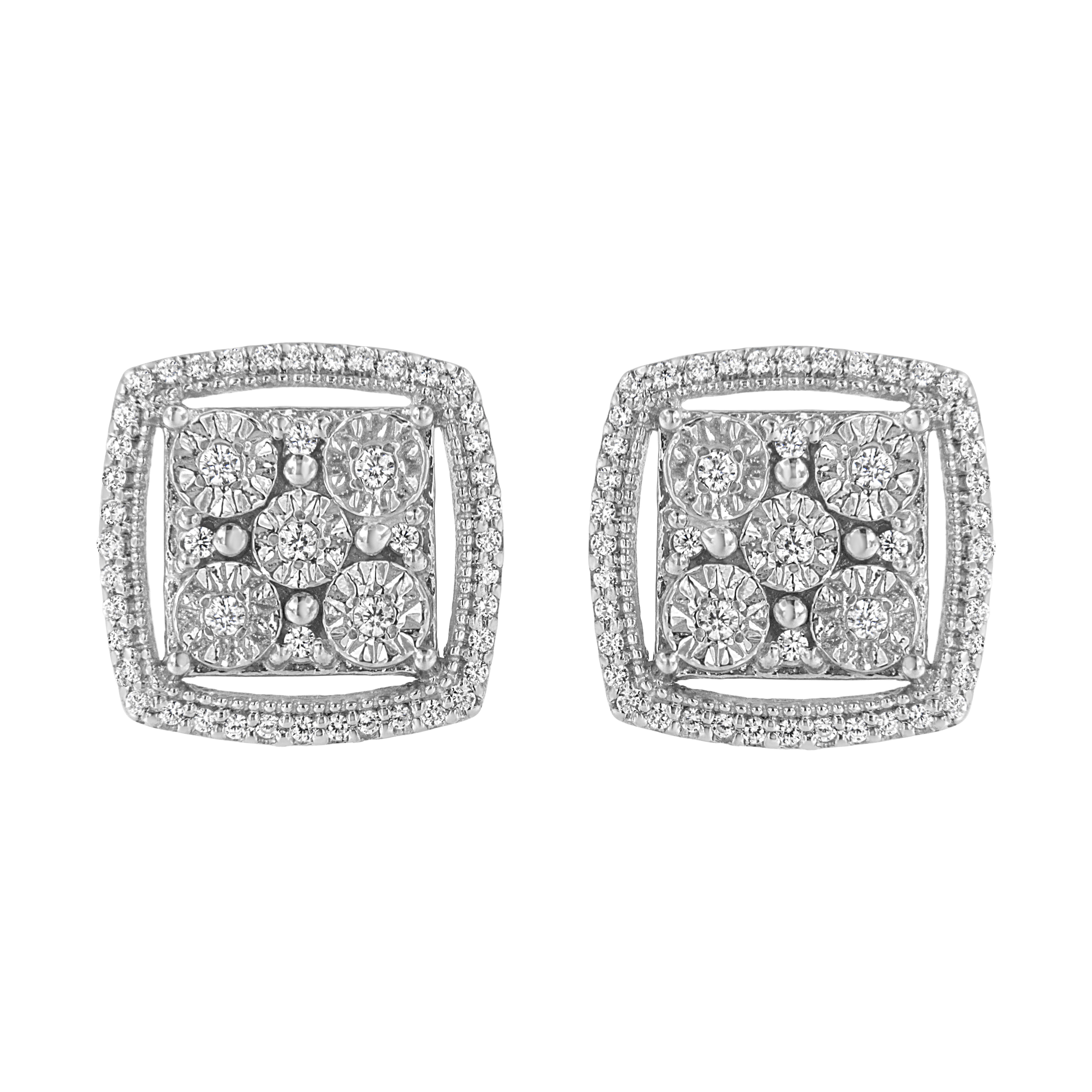 Haus of Brilliance .925 Sterling Silver 3/8 Cttw Miracle Set Round Diamond Double Halo Cluster Earrings (I-J Color, I2-I3 Clarity)