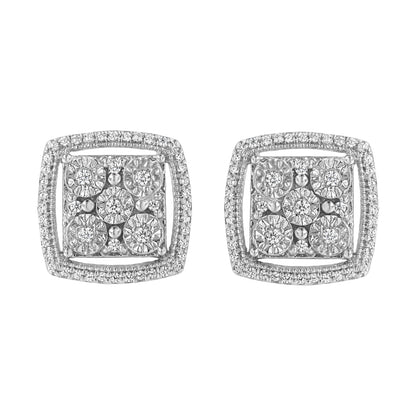 Haus of Brilliance .925 Sterling Silver 3/8 Cttw Miracle Set Round Diamond Double Halo Cluster Earrings (I-J Color, I2-I3 Clarity)