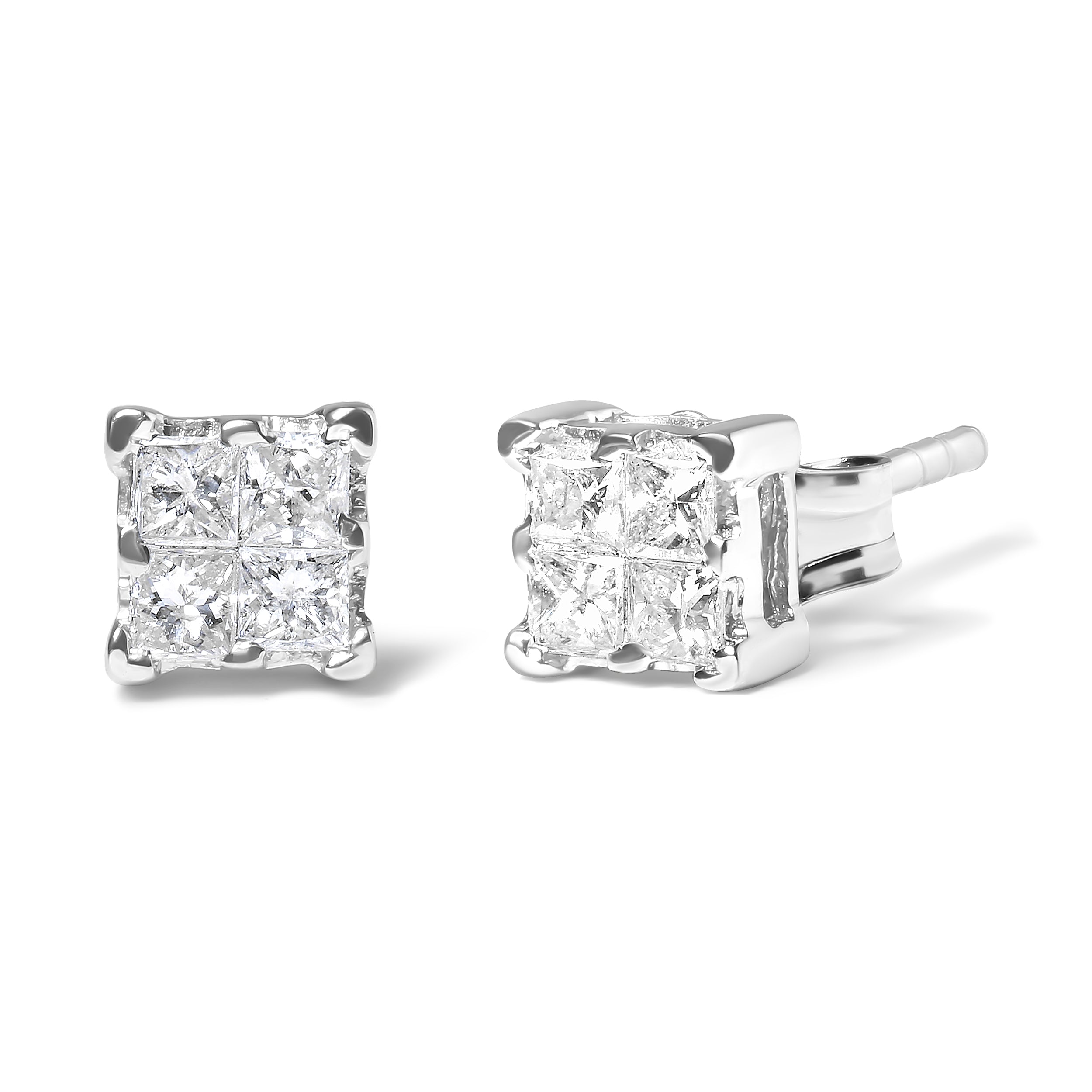 Haus of Brilliance .925 Sterling Silver 1/4 Cttw Invisible Set Princess Diamond Composite Quad Stud Earrings (I-J Color, I1-I2 Clarity)