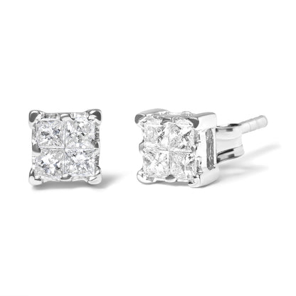 Haus of Brilliance .925 Sterling Silver 1/4 Cttw Invisible Set Princess Diamond Composite Quad Stud Earrings (I-J Color, I1-I2 Clarity)