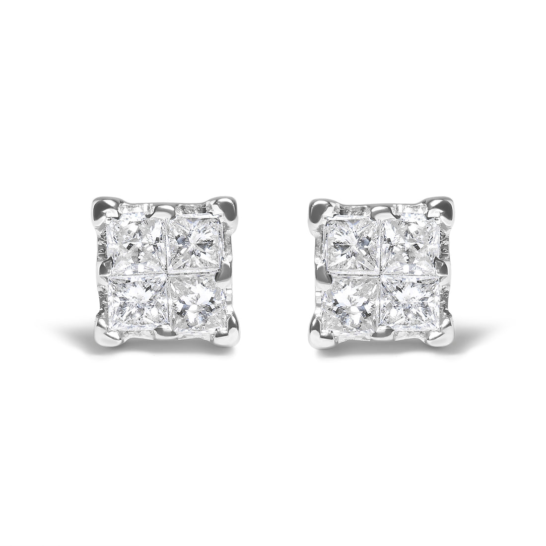 Haus of Brilliance .925 Sterling Silver 1/4 Cttw Invisible Set Princess Diamond Composite Quad Stud Earrings (I-J Color, I1-I2 Clarity)