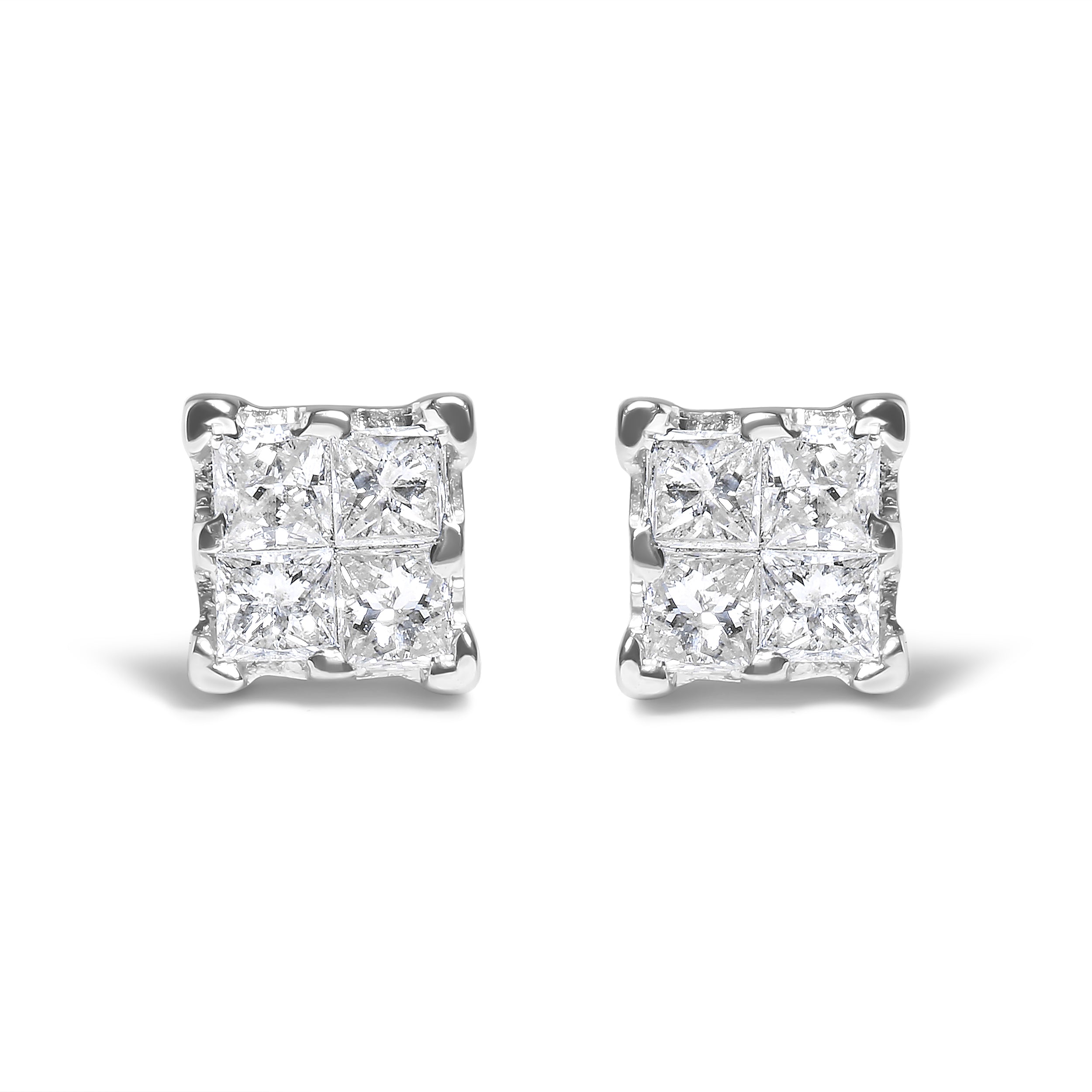 Haus of Brilliance .925 Sterling Silver 1/4 Cttw Invisible Set Princess Diamond Composite Quad Stud Earrings (I-J Color, I1-I2 Clarity)