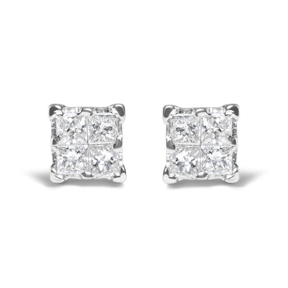 Haus of Brilliance .925 Sterling Silver 1/4 Cttw Invisible Set Princess Diamond Composite Quad Stud Earrings (I-J Color, I1-I2 Clarity)