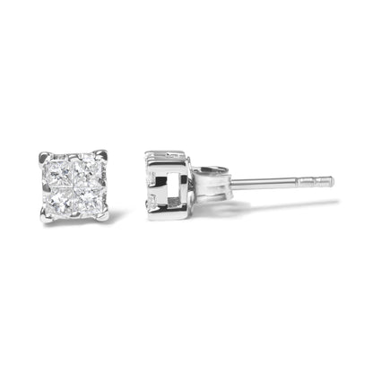 Haus of Brilliance .925 Sterling Silver 1/4 Cttw Invisible Set Princess Diamond Composite Quad Stud Earrings (I-J Color, I1-I2 Clarity)