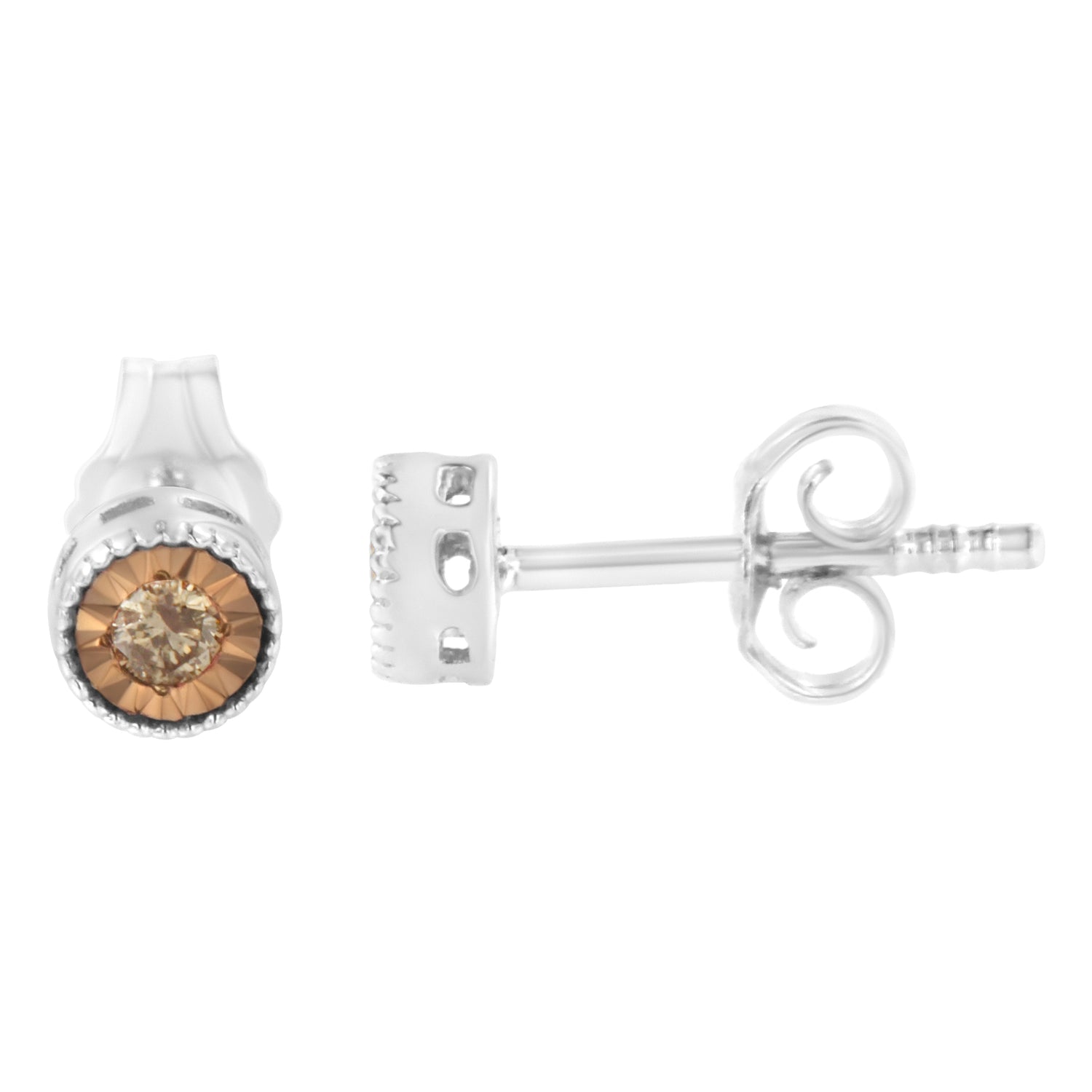 Haus of Brilliance .925 Sterling Silver 1/10 Cttw Round Brilliant-Cut Champagne Diamond Miracle-Set Stud Earrings (Natural Color, I1-I2 Clarity)