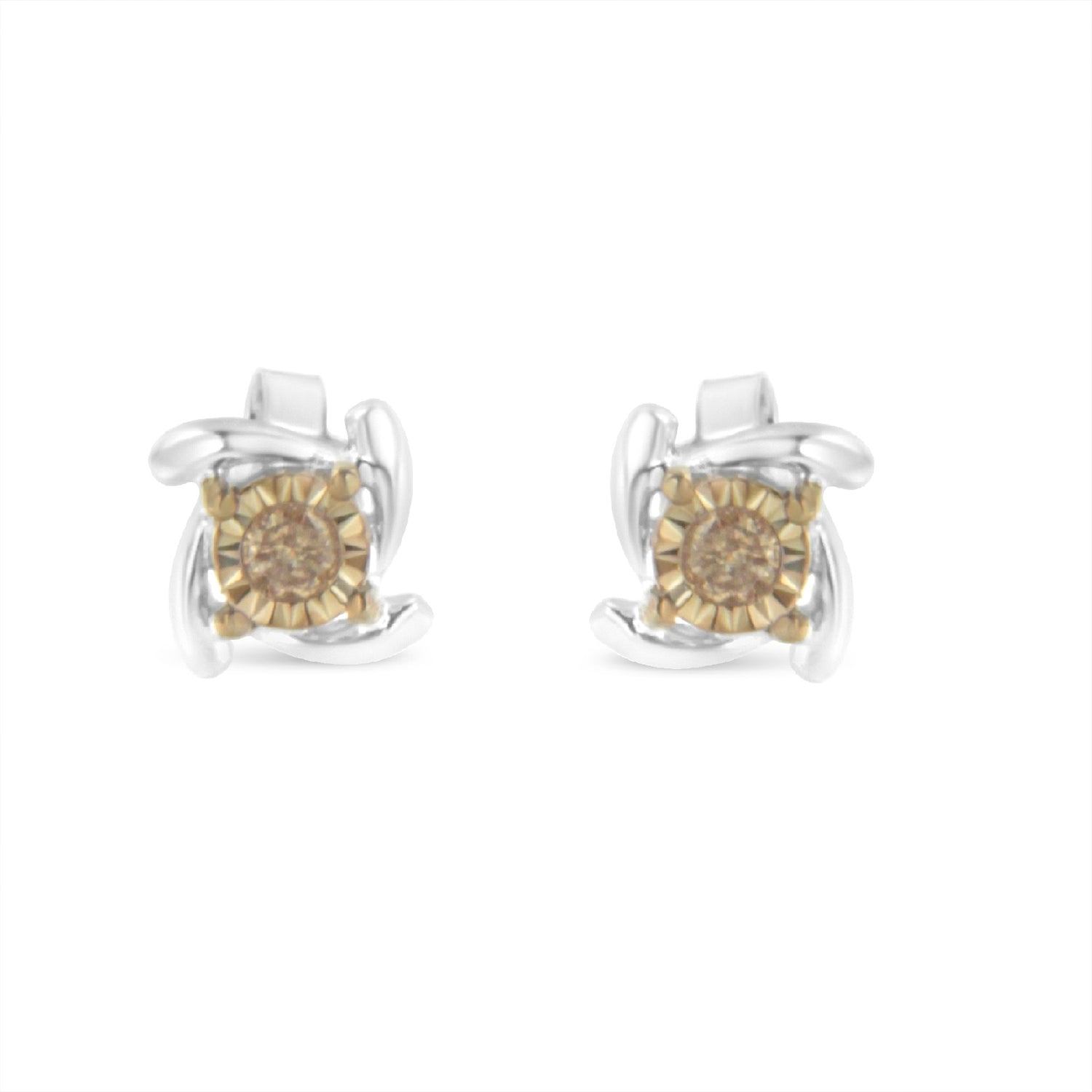 Haus of Brilliance Two-Toned Sterling-Silver Diamond Stud Earring (0.10 cttw, Champagne Color, I2-I3 Clarity)