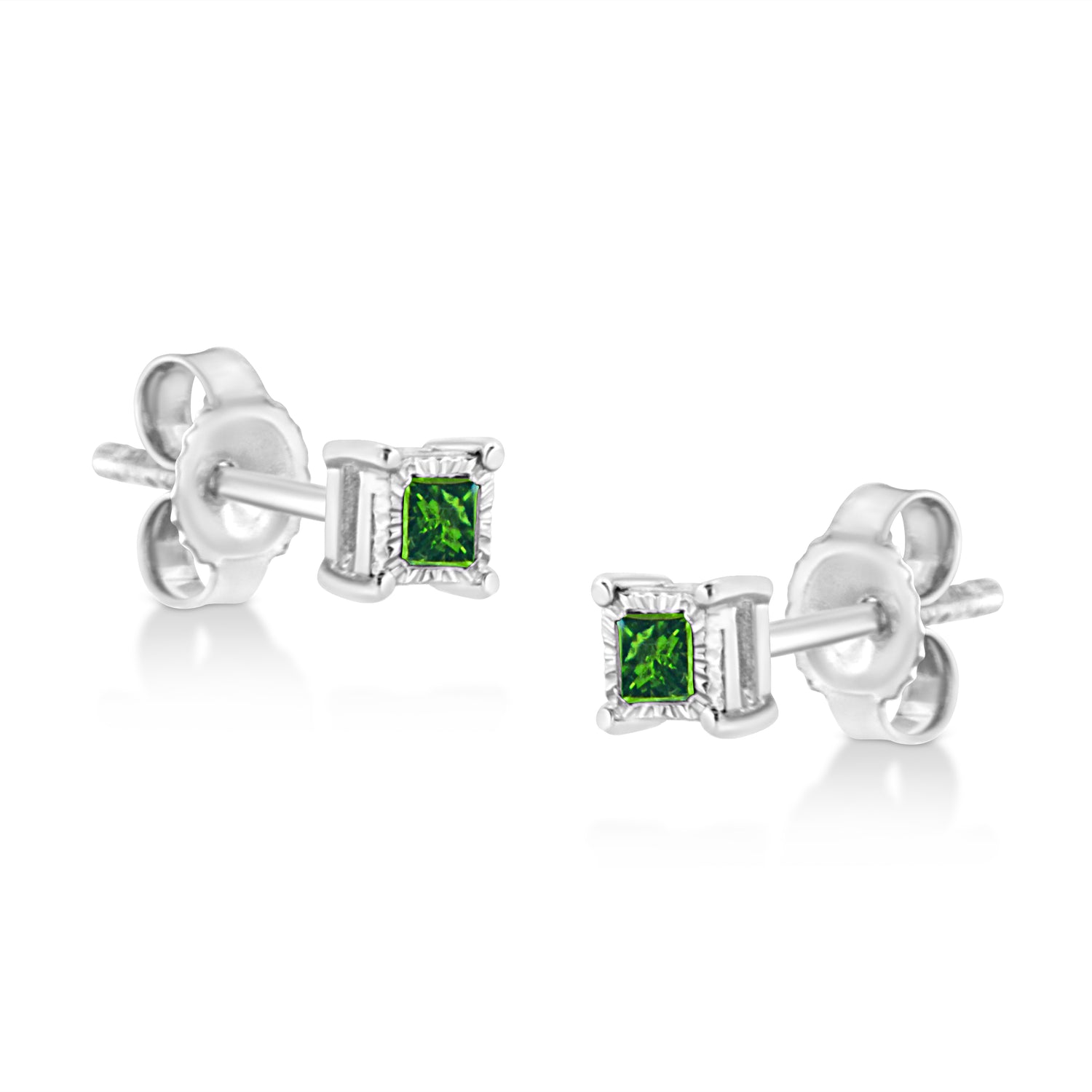 Haus of Brilliance .925 Sterling Silver 1/10 Cttw Miracle Set Princess-Cut Treated Green Diamond Stud Earrings (Green Color, I1-I2 Clarity)