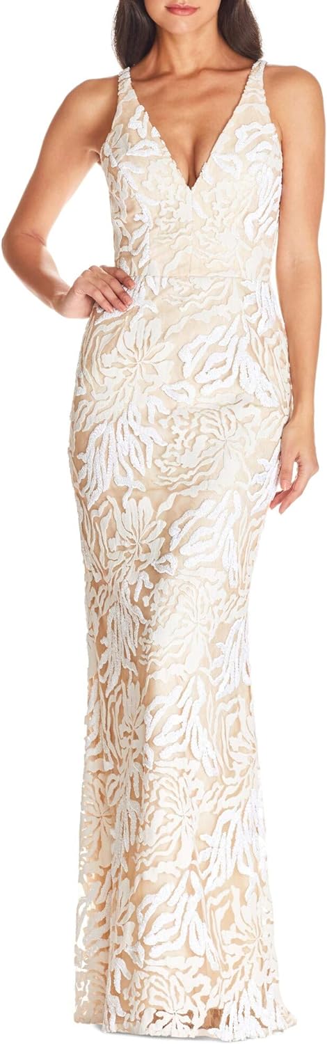 Dress the Population Mermaid Hemline Deep V-Neck Bodice Dress - Sequin - Off White