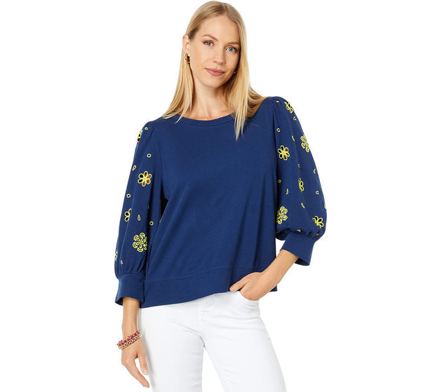 Lilly Pulitzer Puff Sleeve Embroidered Corden Sweatshirt - Floral - Navy Multi/Low Tide Navy - M