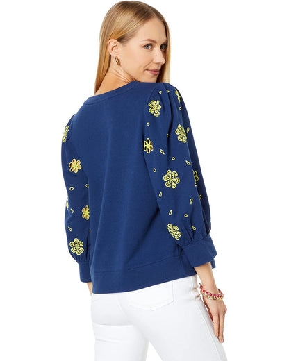 Lilly Pulitzer Puff Sleeve Embroidered Corden Sweatshirt - Floral - Navy Multi/Low Tide Navy - M