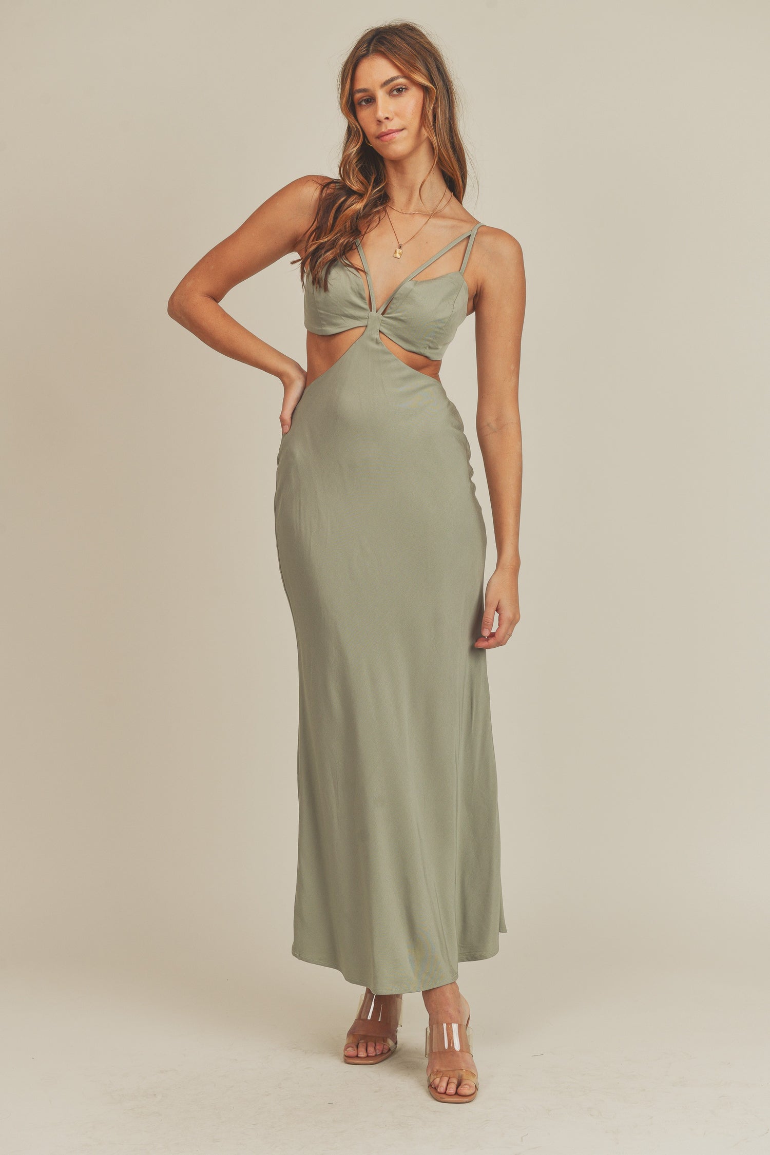 Mable Green Linen Side Cut-Out Maxi / L