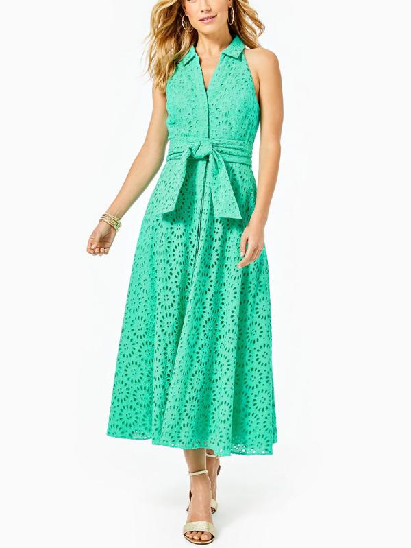 Lilly Pulitzer Chrisella Eyelet Midi Shirt Dress - Floral - Green/Gustavia Green Beach Paradise Eyelet - 10