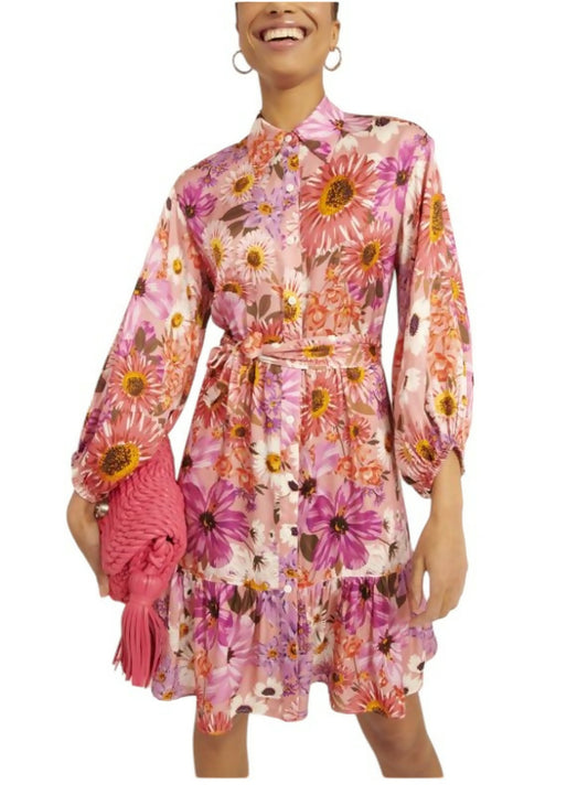 Rachel Parcell Fit & Flare Tiered Hem Shirt Dress- Floral- Pink Multi/Botanical -10