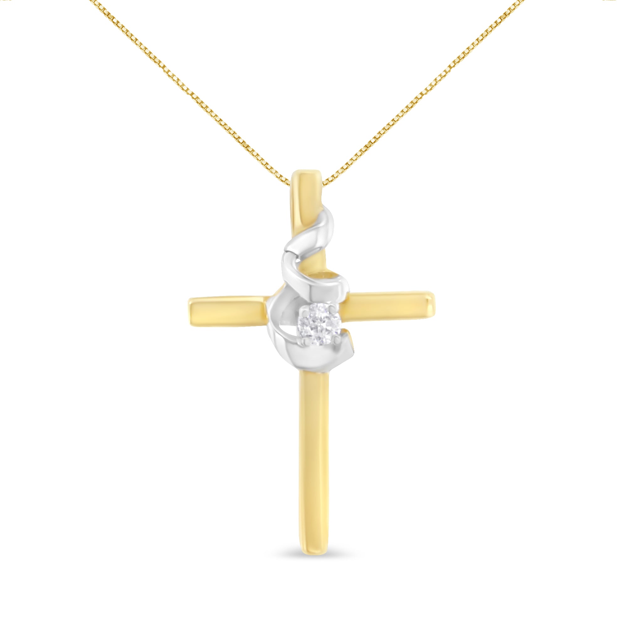 Haus of Brilliance Espira 10K Two-Tone Yellow &amp; White Gold Diamond-Accented Spiral &amp; Cross 18&quot; Pendant Necklace (J-K Color, I2-I3 Clarity)