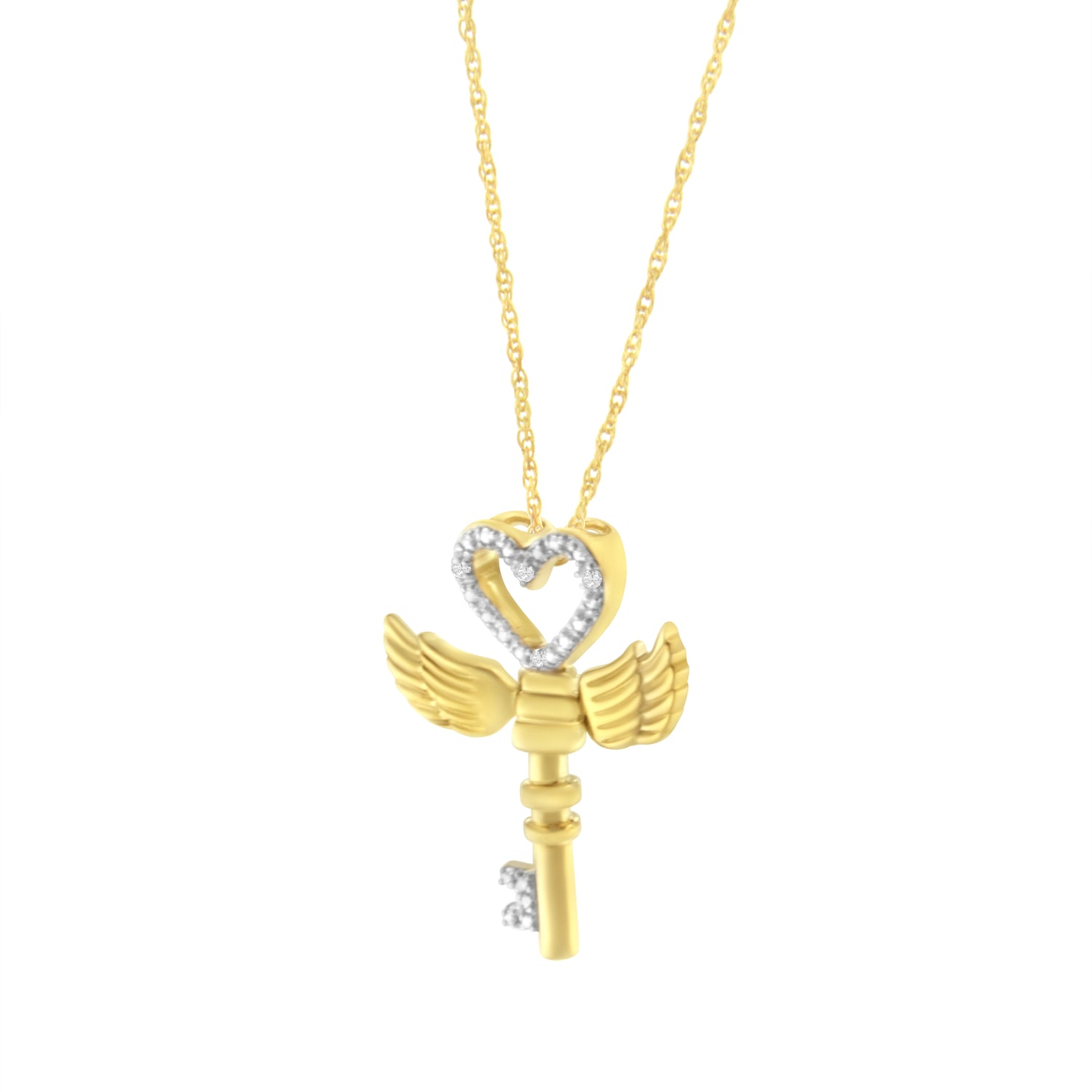 Haus of Brilliance 10K Yellow Gold over .925 Sterling Silver Diamond Accented Heart Angel Wing Key to Heaven 18&quot; Rope Chain Pendant Necklace (H-I Color, I2-I3 Clarity)