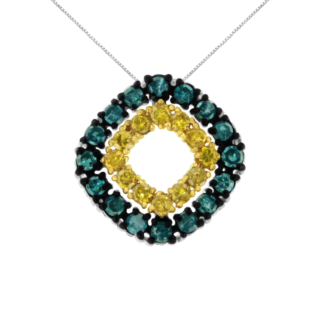 Haus of Brilliance .925 Sterling Silver 1/2 Cttw Treated Blue and Yellow Diamond Double Square 18&quot; Pendant Necklace (Blue/Yellow Color, I2-I3 Clarity)