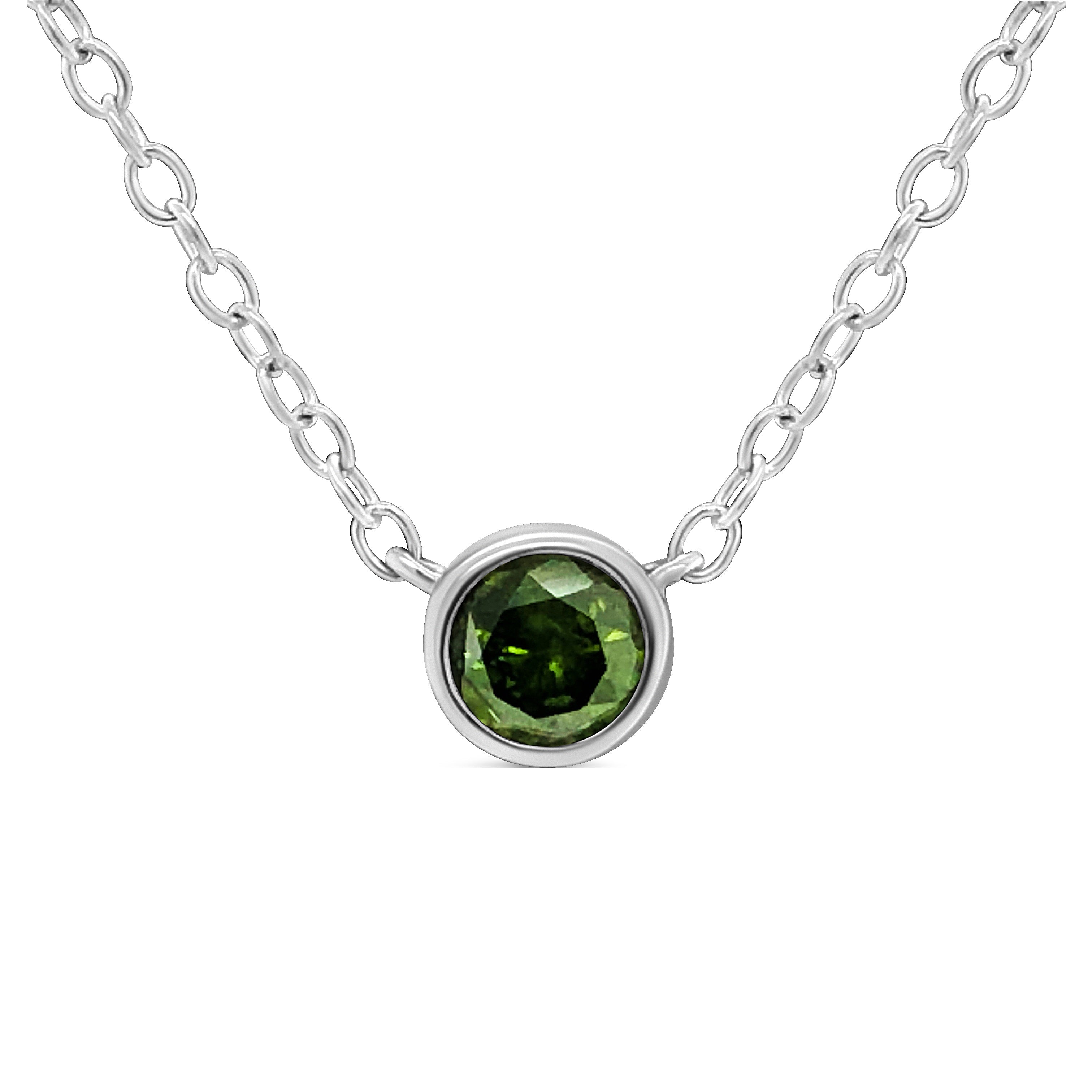 Haus of Brilliance .925 Sterling Silver 1/5 Cttw Treated Green Diamond Solitaire Bezel 18&quot; Pendant Necklace (Green Color, I1-I2 Clarity)