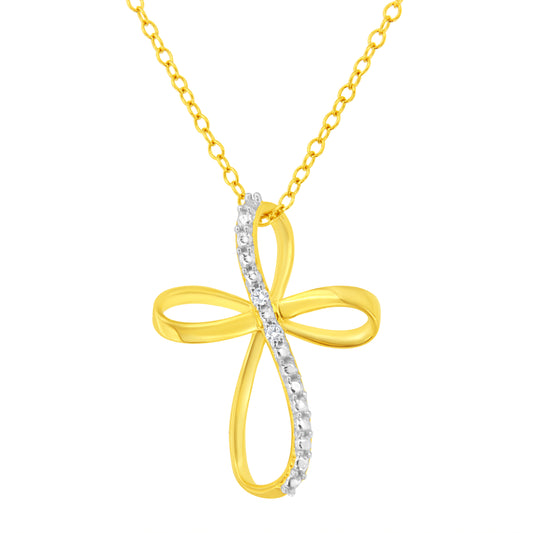 Haus of Brilliance 10K Yellow Gold Plated .925 Sterling Silver Diamond Accent Cross Ribbon 18" Pendant Necklace (I-J Color, I2-I3 Clarity)