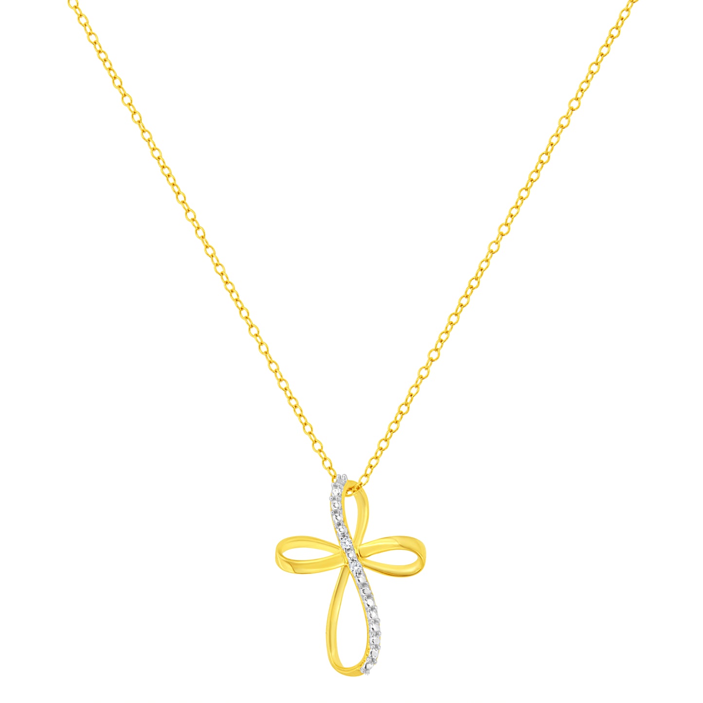 Haus of Brilliance 10K Yellow Gold Plated .925 Sterling Silver Diamond Accent Cross Ribbon 18" Pendant Necklace (I-J Color, I2-I3 Clarity)