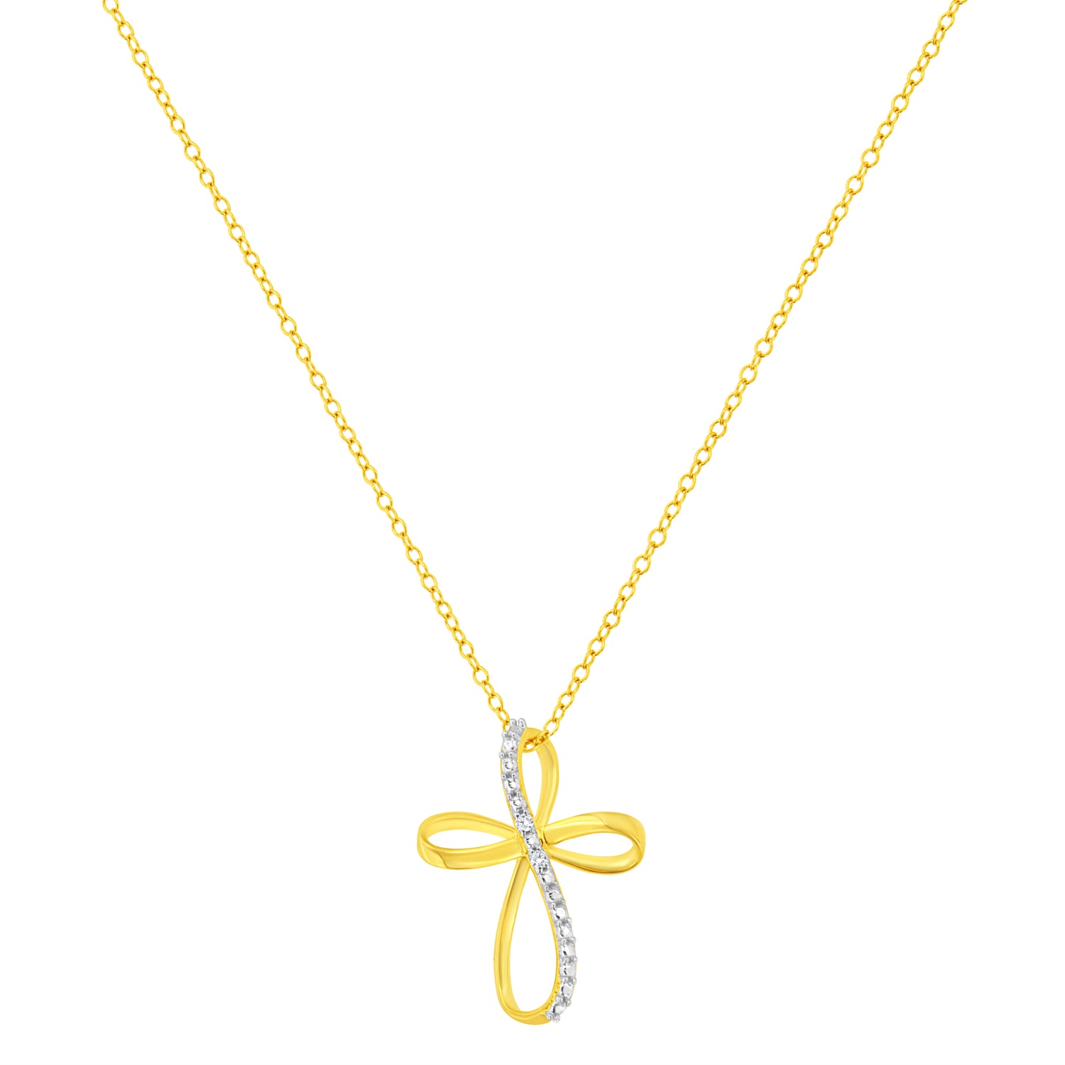 Haus of Brilliance 10K Yellow Gold Plated .925 Sterling Silver Diamond Accent Cross Ribbon 18&quot; Pendant Necklace (I-J Color, I2-I3 Clarity)